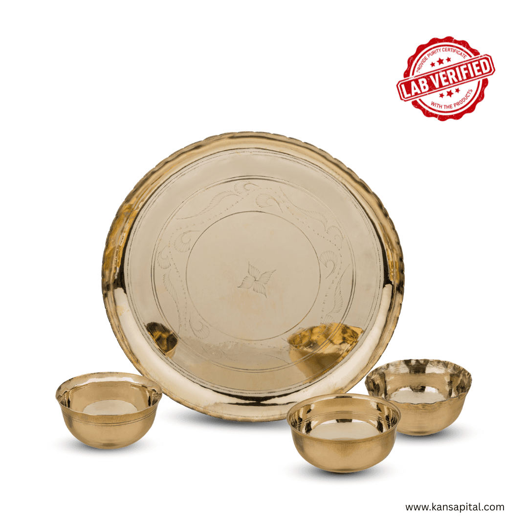 Pure Bronze Dinner Thali Set| 1 Plate (12 inch), 3 Bowls | Lab verified Dinner Set (Gold) | 1.2 KG