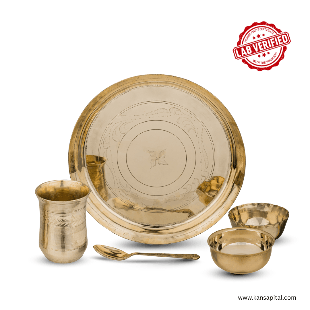 Pure Bronze Handmade Kansa Thali Set | 100% Lab Verified |5 Piece Set of 1 Thali (11.5 inch), 2 Bowls, Glass (400 ml) & Spoon | 1.55 KG